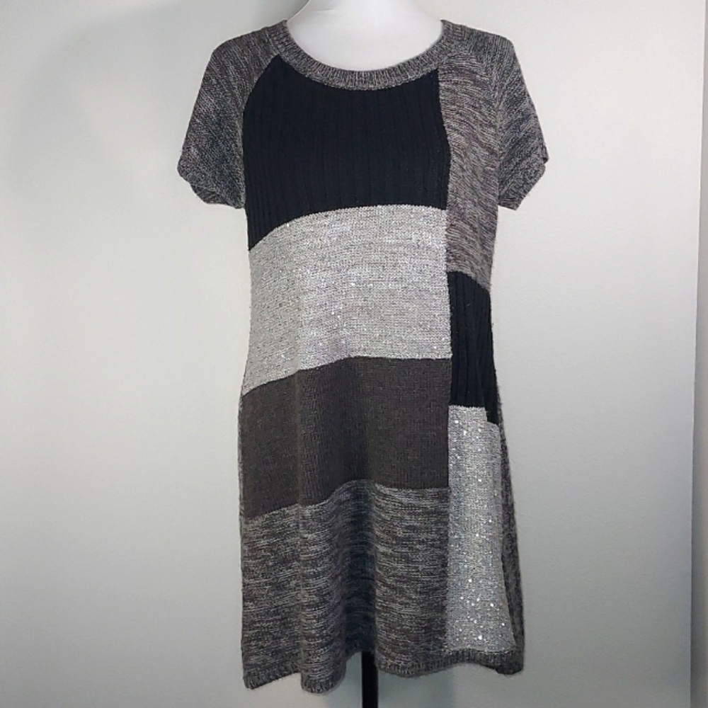 Style & Co Black Grey Silver Sequined Patchwork Sweater Dress Size Petite Large